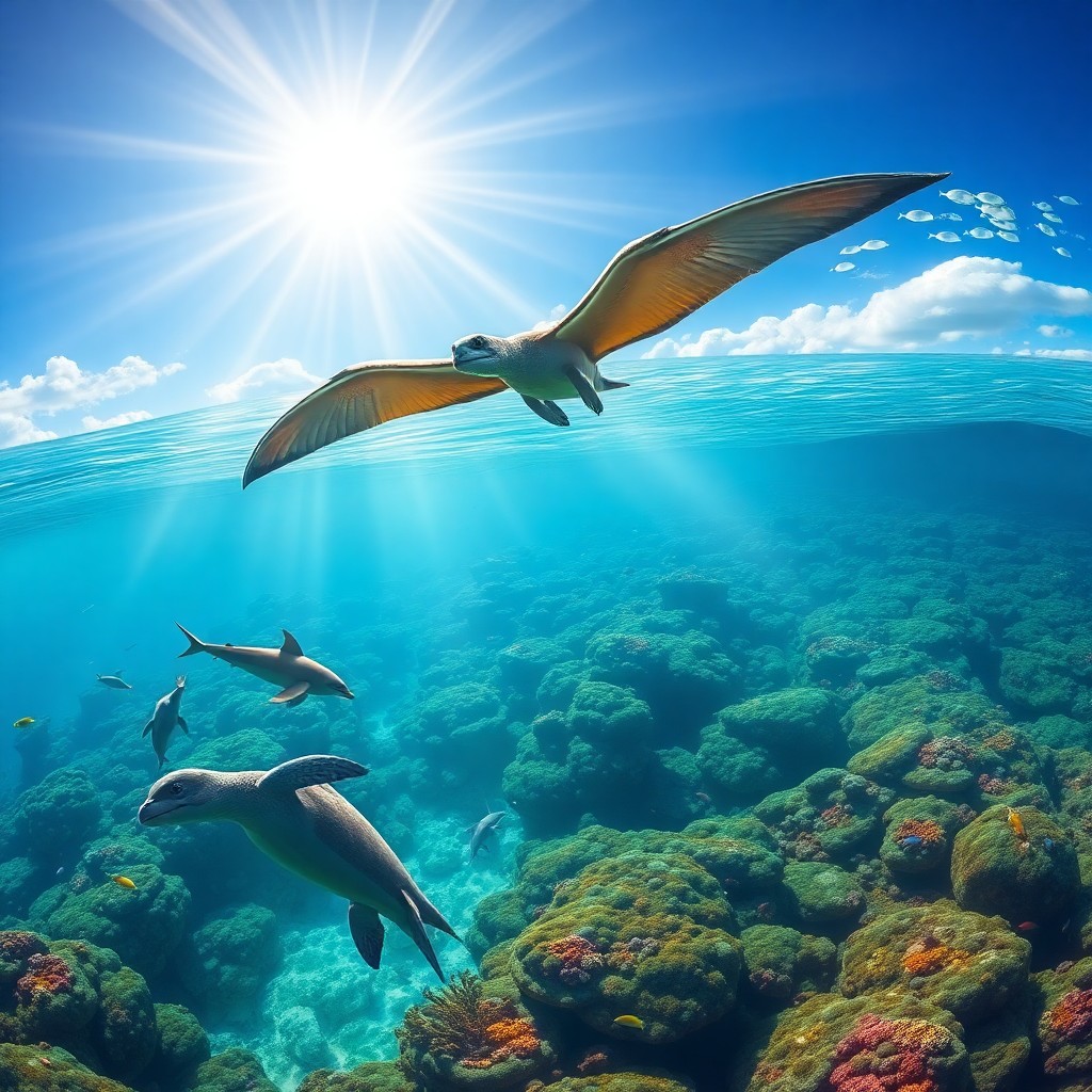 AI generated art for prompt: Envision an enchanting underwater world where a majestic pteranodon gracefully soars above a mesmeri