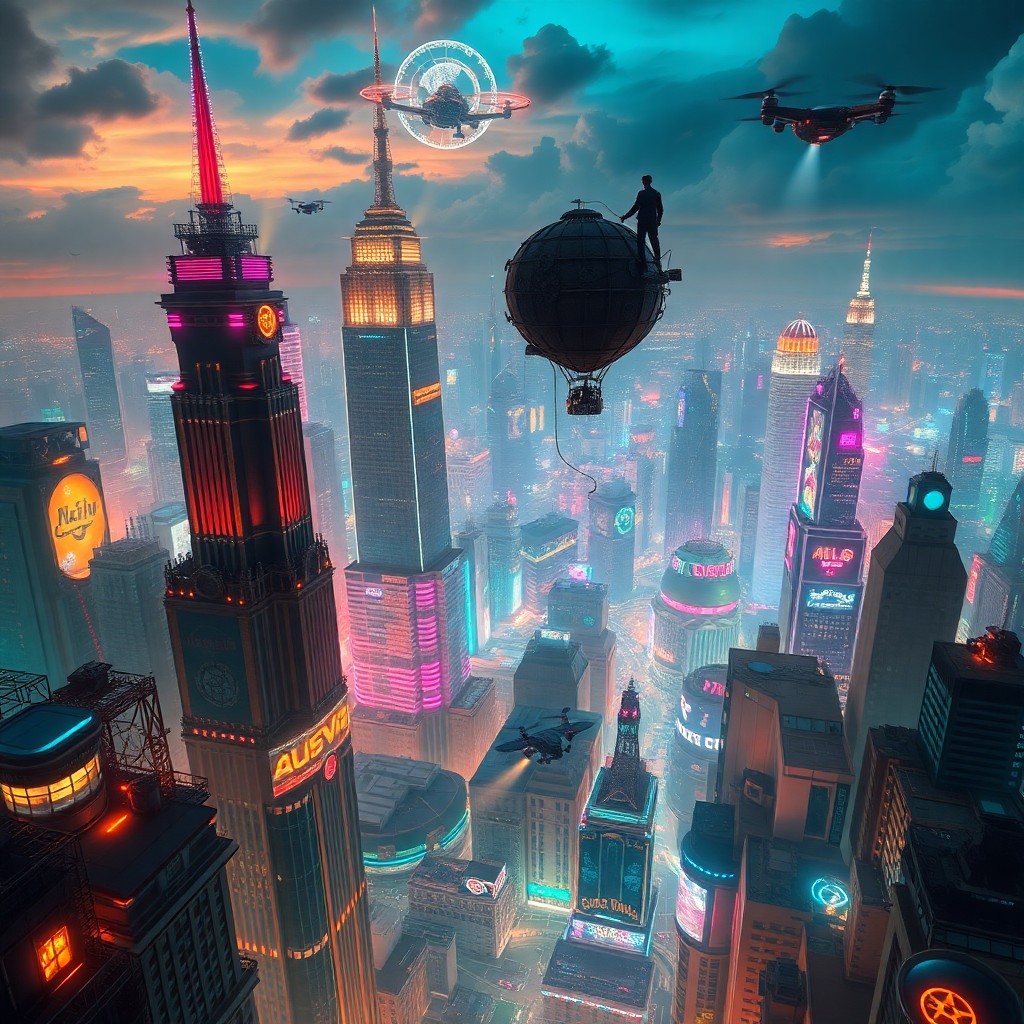 AI generated art for prompt: A fantastical digital artwork showcasing an aerial view of a neon-drenched cityscape, merging Steamp