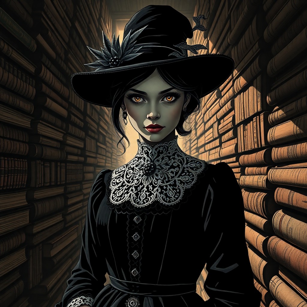 AI generated art for prompt: A whimsical yet haunting portrait featuring an enigmatic female figure in Victorian attire, with int