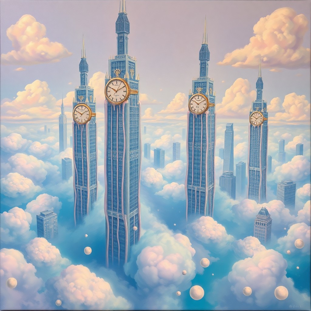 AI generated art for prompt: A dreamlike oil painting showcases an expansive cityscape with towering skyscrapers made entirely of