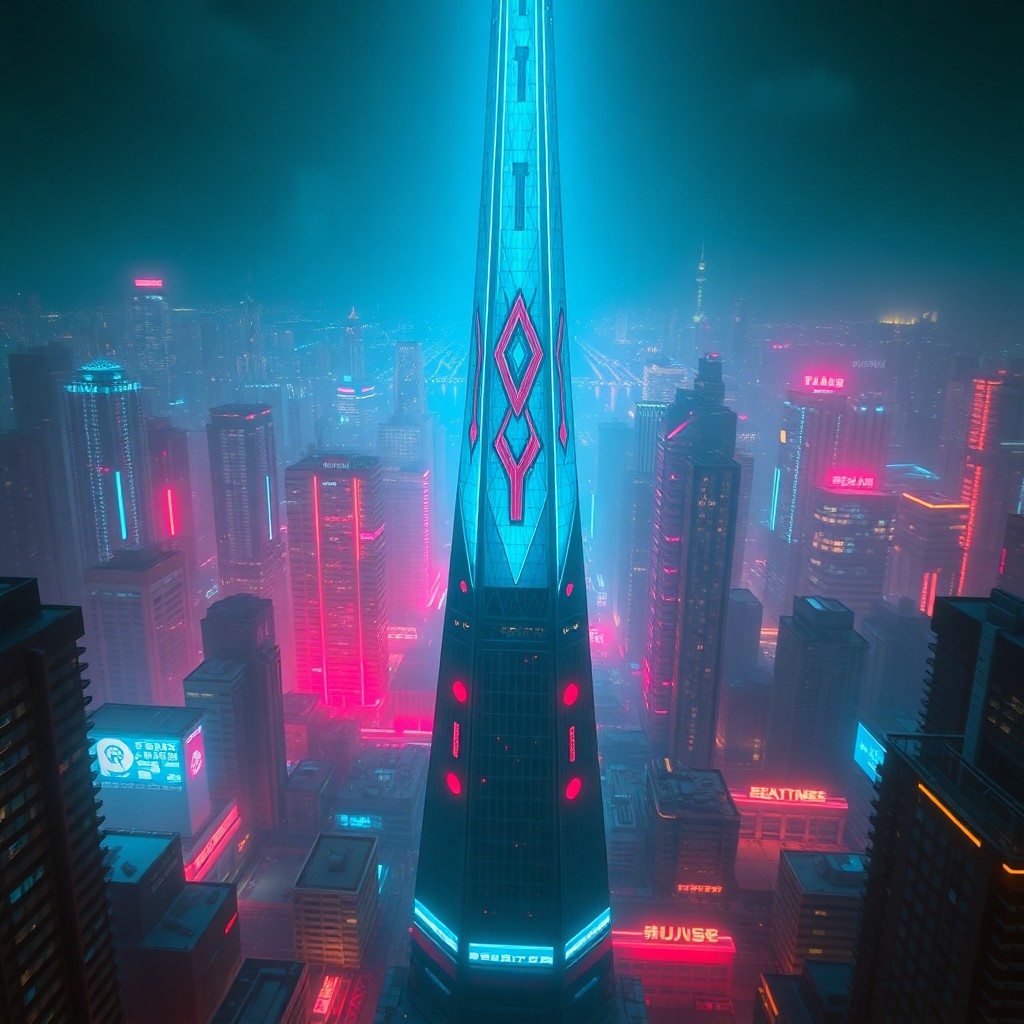 AI generated art for prompt: A cyberpunk cityscape is illuminated by vibrant neon lights in electric blue and crimson red hues, d