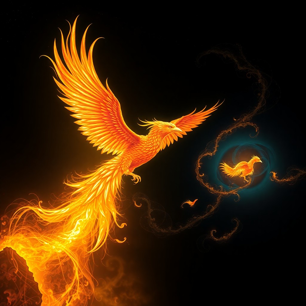 AI generated art for prompt: A captivating digital artwork depicts a majestic phoenix emerging from a fiery chasm, its iridescent