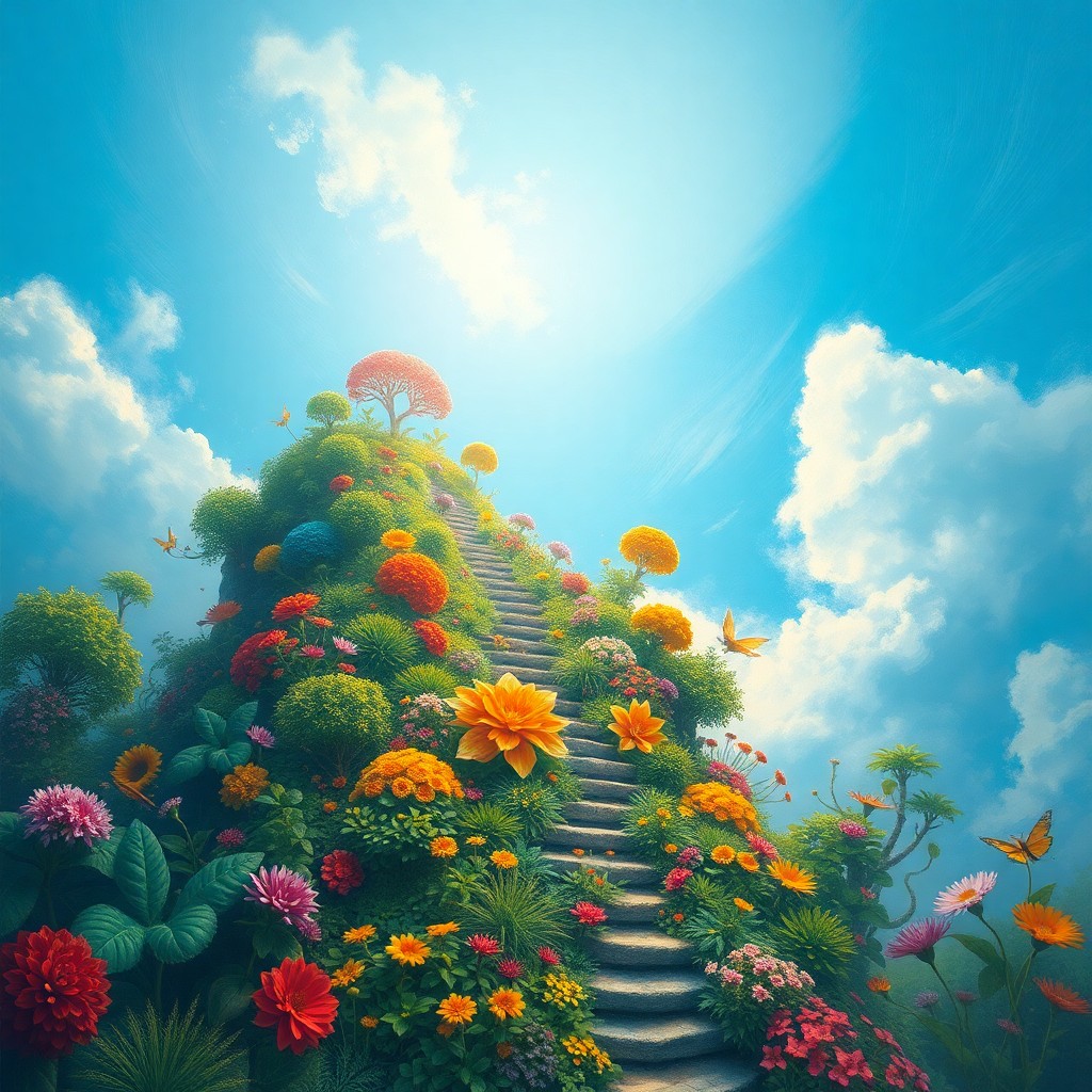 AI generated art for prompt: A surreal digital painting portrays an enchanting garden ascending towards a clear blue sky, seamles