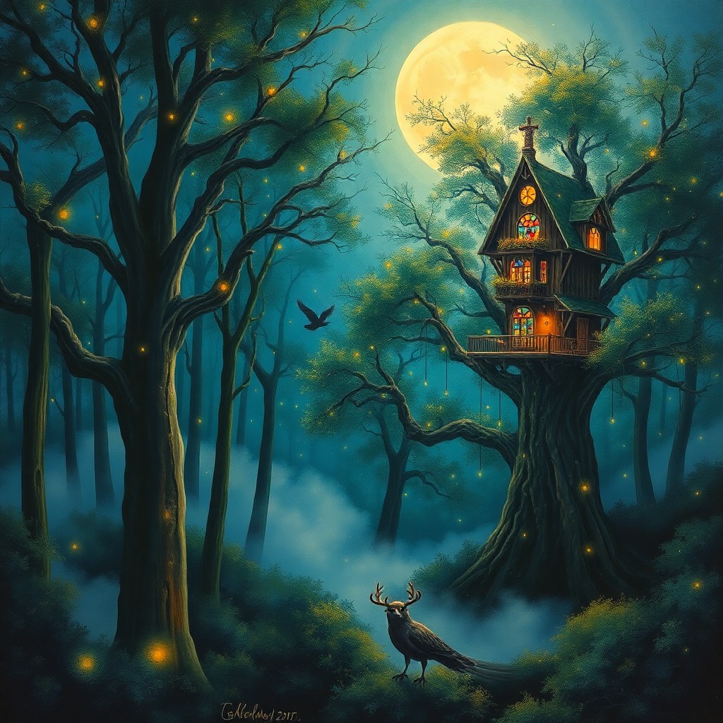 AI generated art for prompt: A mesmerizing oil painting captures a tranquil moonlit forest where delicate wisps of mist gracefull