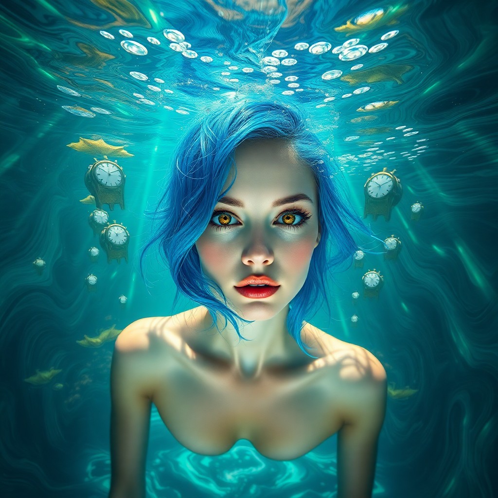 AI generated art for prompt: An enigmatic portrait in a surrealistic style, featuring a woman with vivid blue hair and striking g