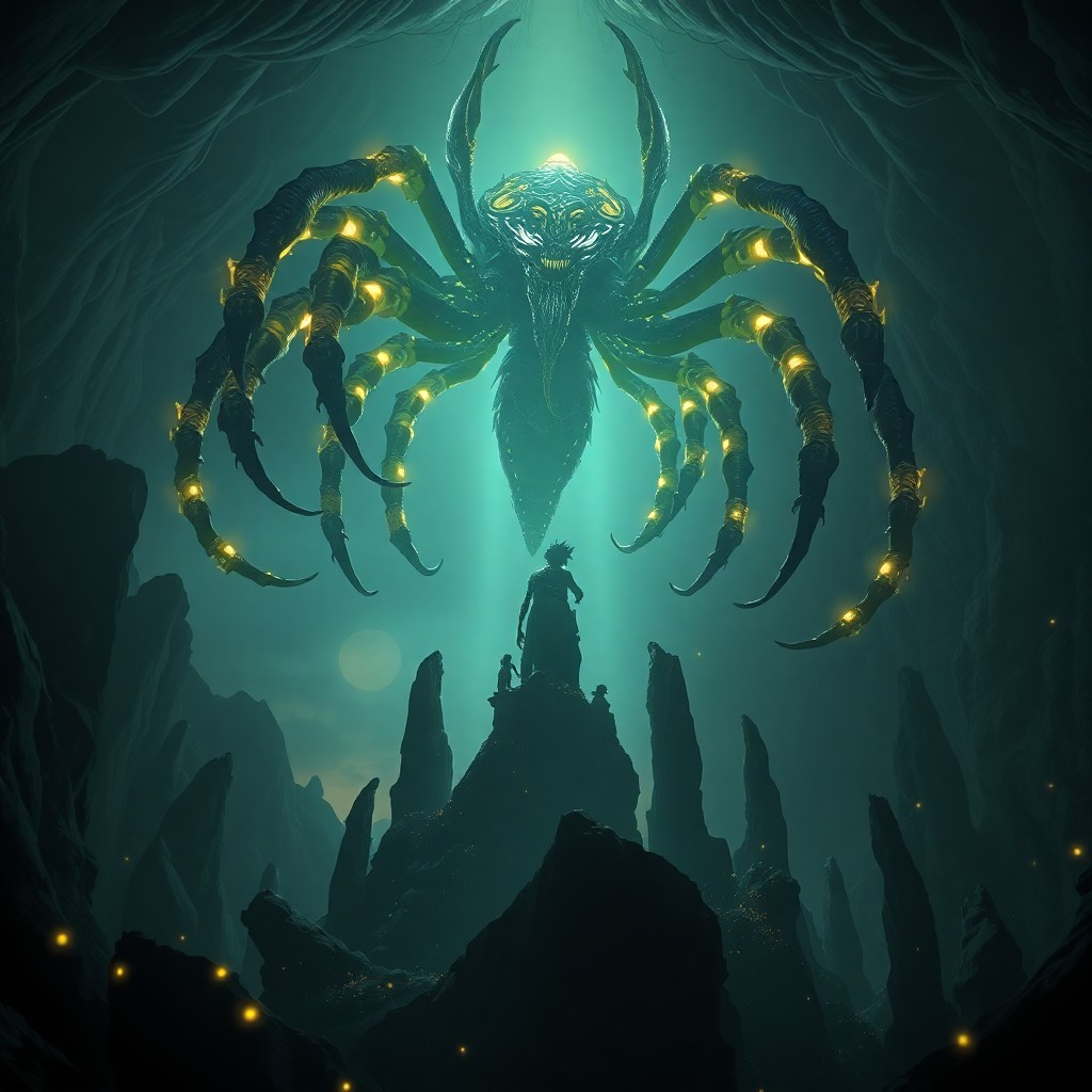 AI generated art for prompt: A striking portrait depicting an otherworldly creature ascending from a cavernous lair at dusk. The 