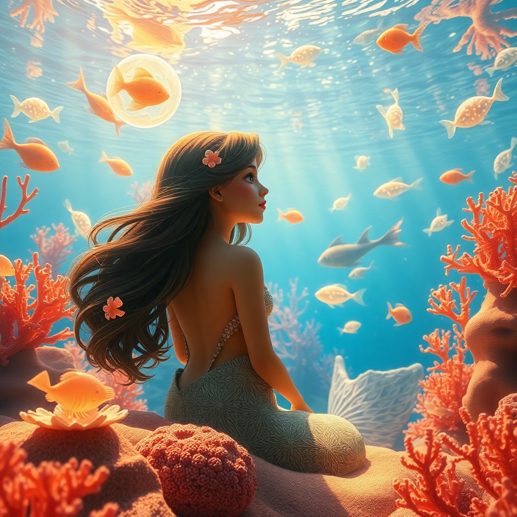 AI generated art for prompt: Envision an alluring underwater tableau in a whimsical style reminiscent of Studio Ghibli, where eth