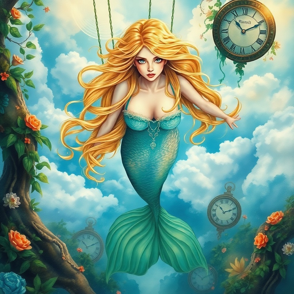 AI generated art for prompt: Imagine an enchanting watercolor portrait of a mesmerizing mermaid princess suspended in a dreamlike