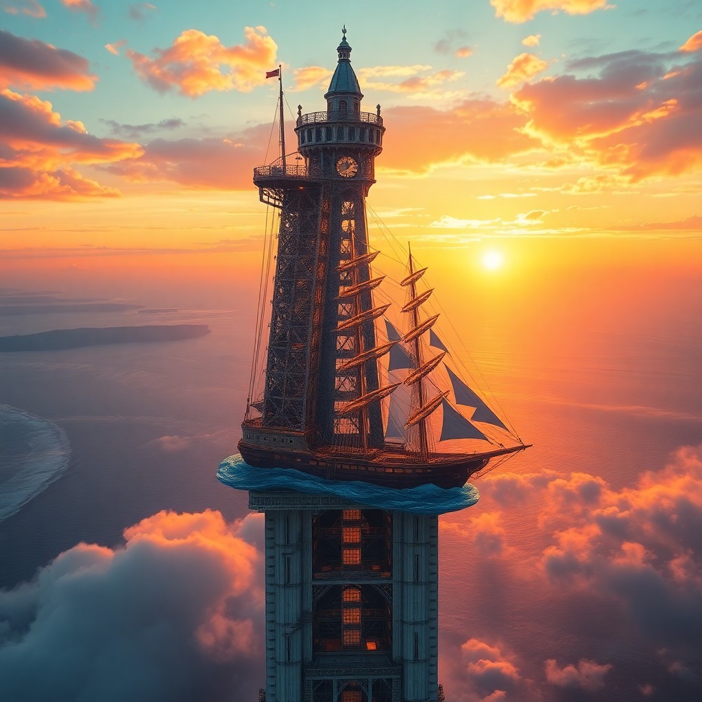 AI generated art for prompt: A surreal blend of whimsical maritime charm with an abstract tower, where a colossal timepiece morph