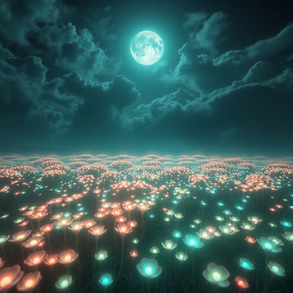 AI generated art for prompt: A surreal digital art landscape showcasing a captivating field of bioluminescent flora under a moonl