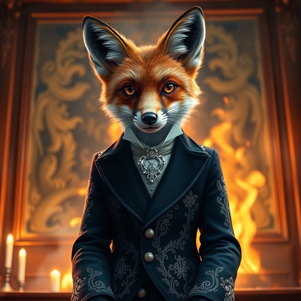 AI generated art for prompt: Immerse in the captivating digital realm where a cunning fox spirit, draped in an elegant Victorian 