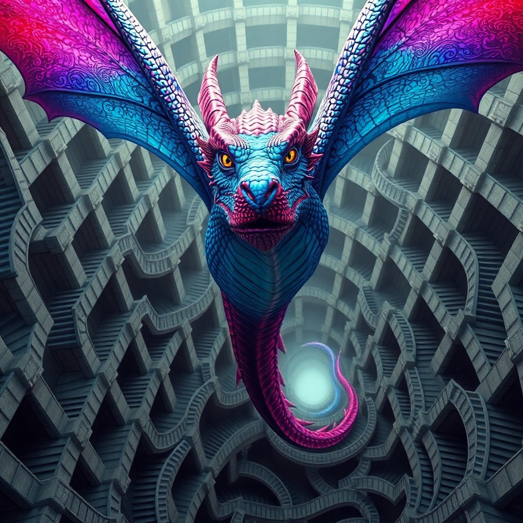 AI generated art for prompt: An awe-inspiring digital art piece presents a majestic dragon soaring through an intricate architect