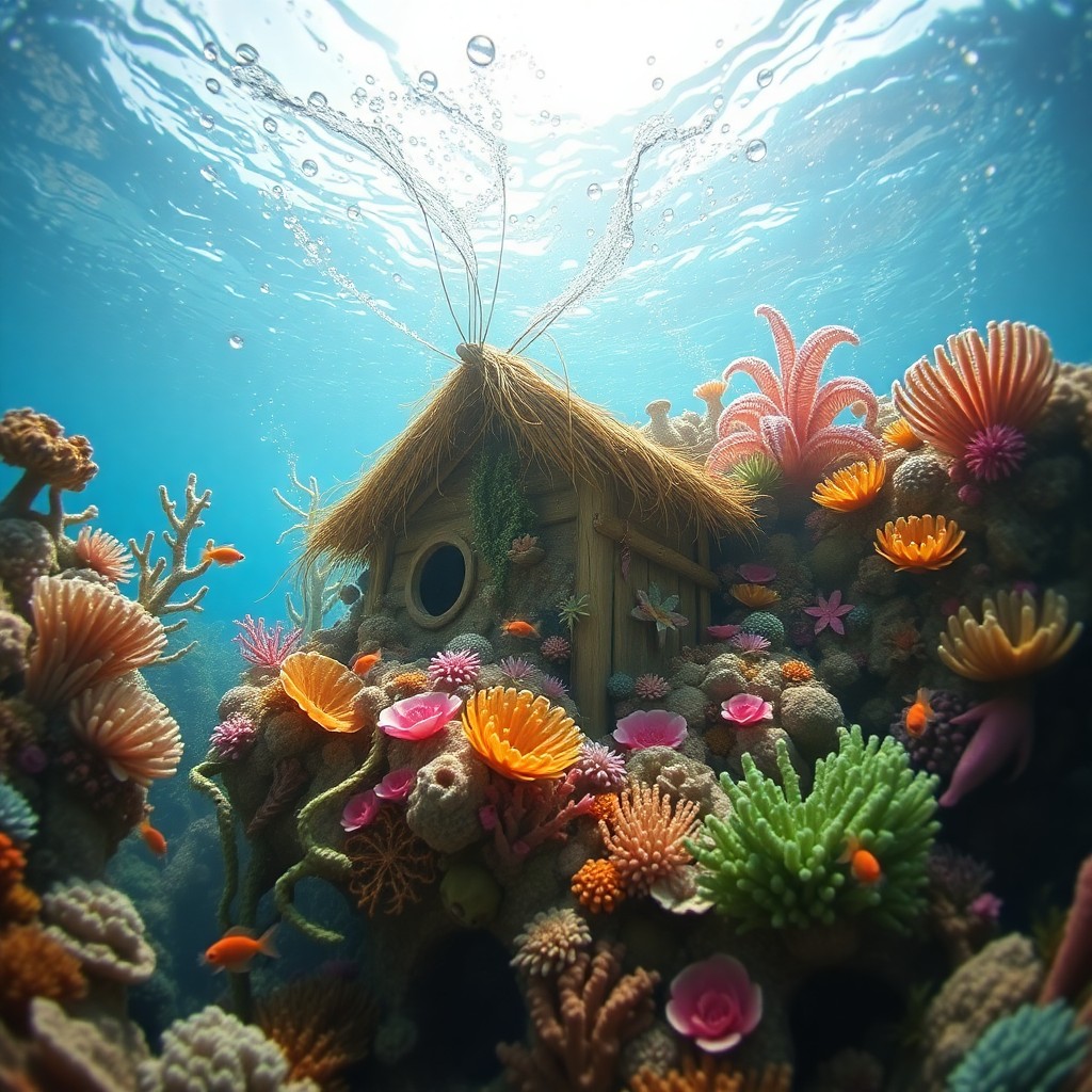 AI generated art for prompt: Imagine an enchanting underwater realm, where Jeremy Fisher's quaint bog dwelling has been transform