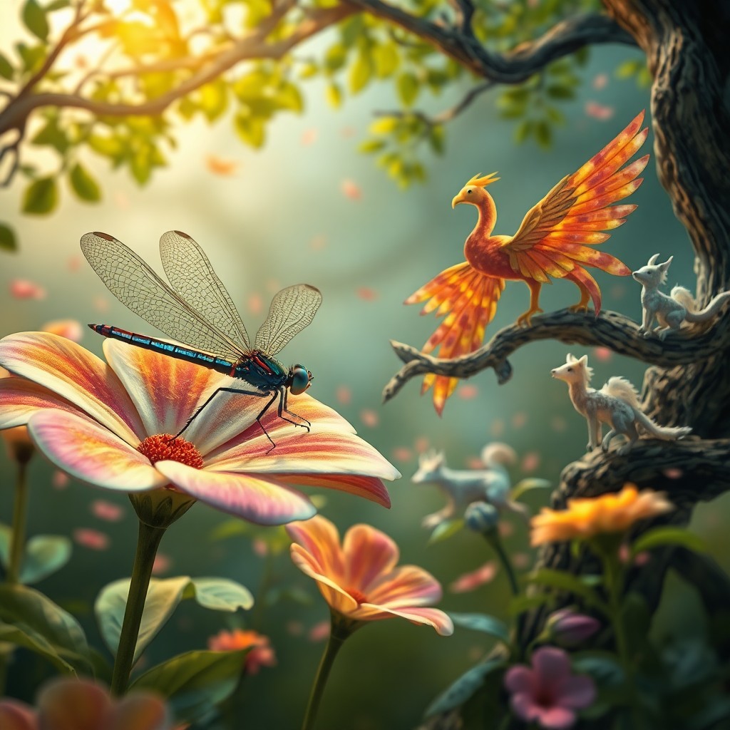 AI generated art for prompt: Imagine a serene garden teeming with fantastical creatures coexisting in harmony, reminiscent of int