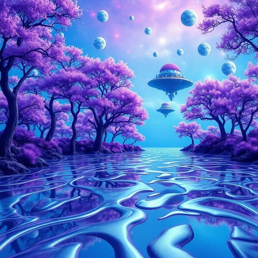 AI generated art for prompt: A surreal landscape emerges where gravity-defying trees with luminescent violet foliage reach toward