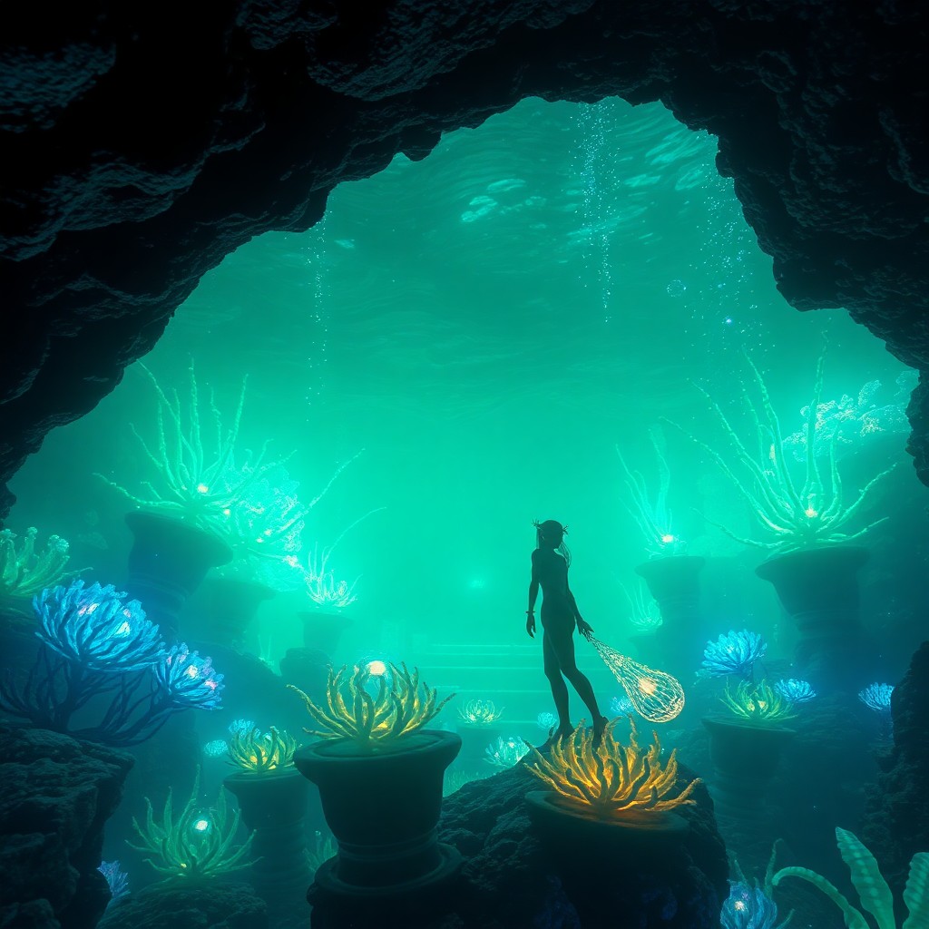 AI generated art for prompt: Immerse in an enchanting underwater realm where a curious Na'vi ventures through an ancient submerge