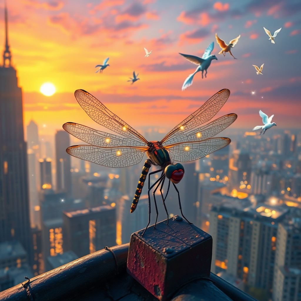 AI generated art for prompt: A surreal cityscape is captured from the unique viewpoint of a dragonfly perched on a rooftop, evoki