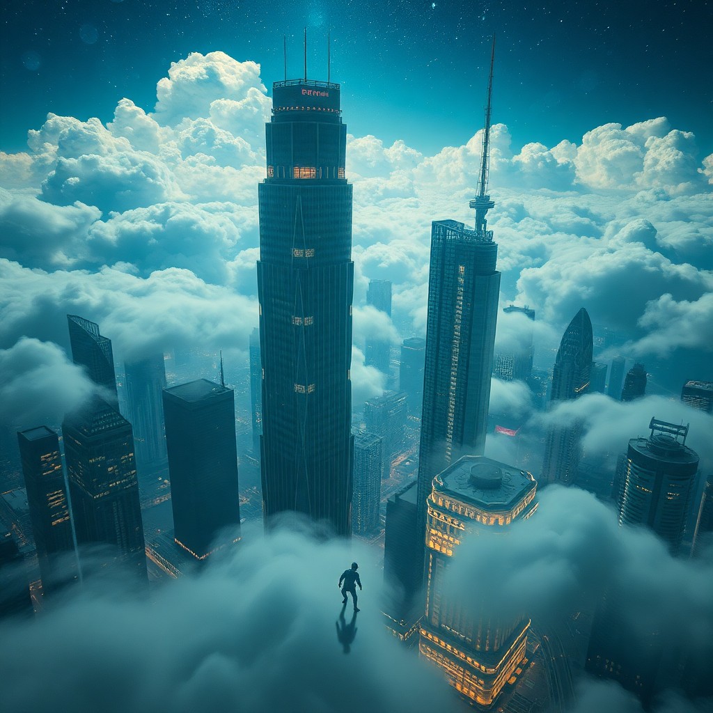 AI generated art for prompt: An image portraying a surreal futuristic cityscape with skyscrapers merging into clouds, as seen fro