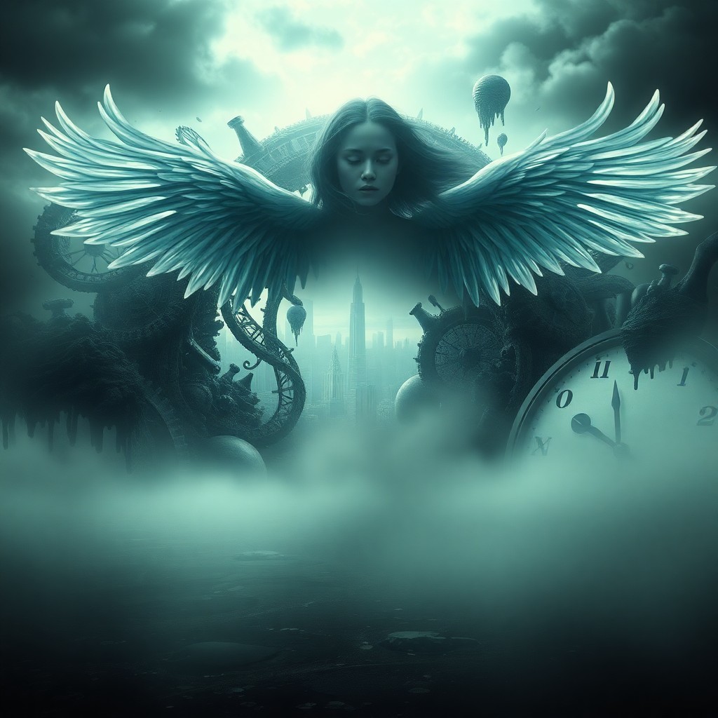 AI generated art for prompt: A surreal digital artwork depicting an ethereal figure with flowing wings arising from a misty swamp