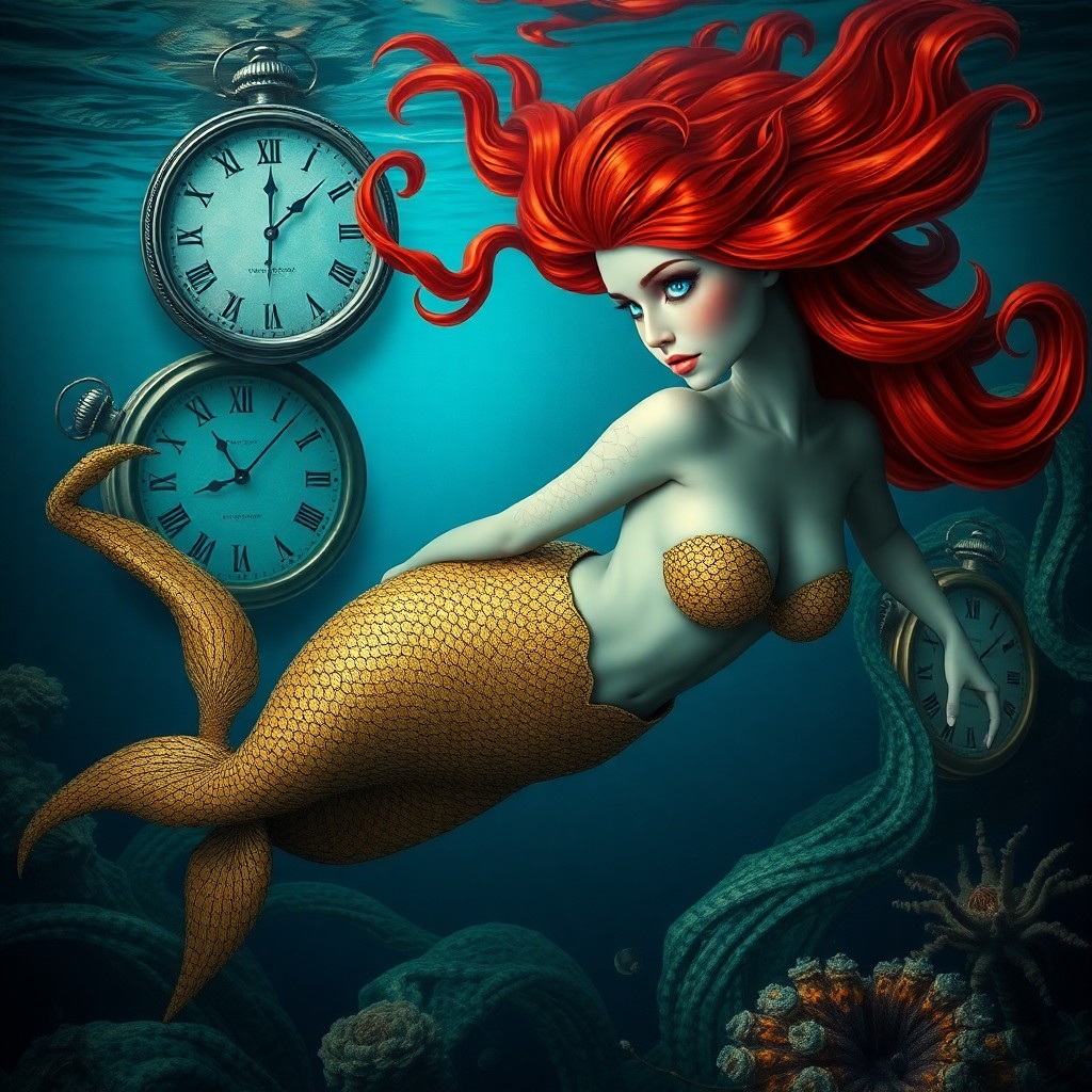 AI generated art for prompt: Envision a surreal underwater realm inspired by Dali's dreamlike visions, where whimsical timepieces