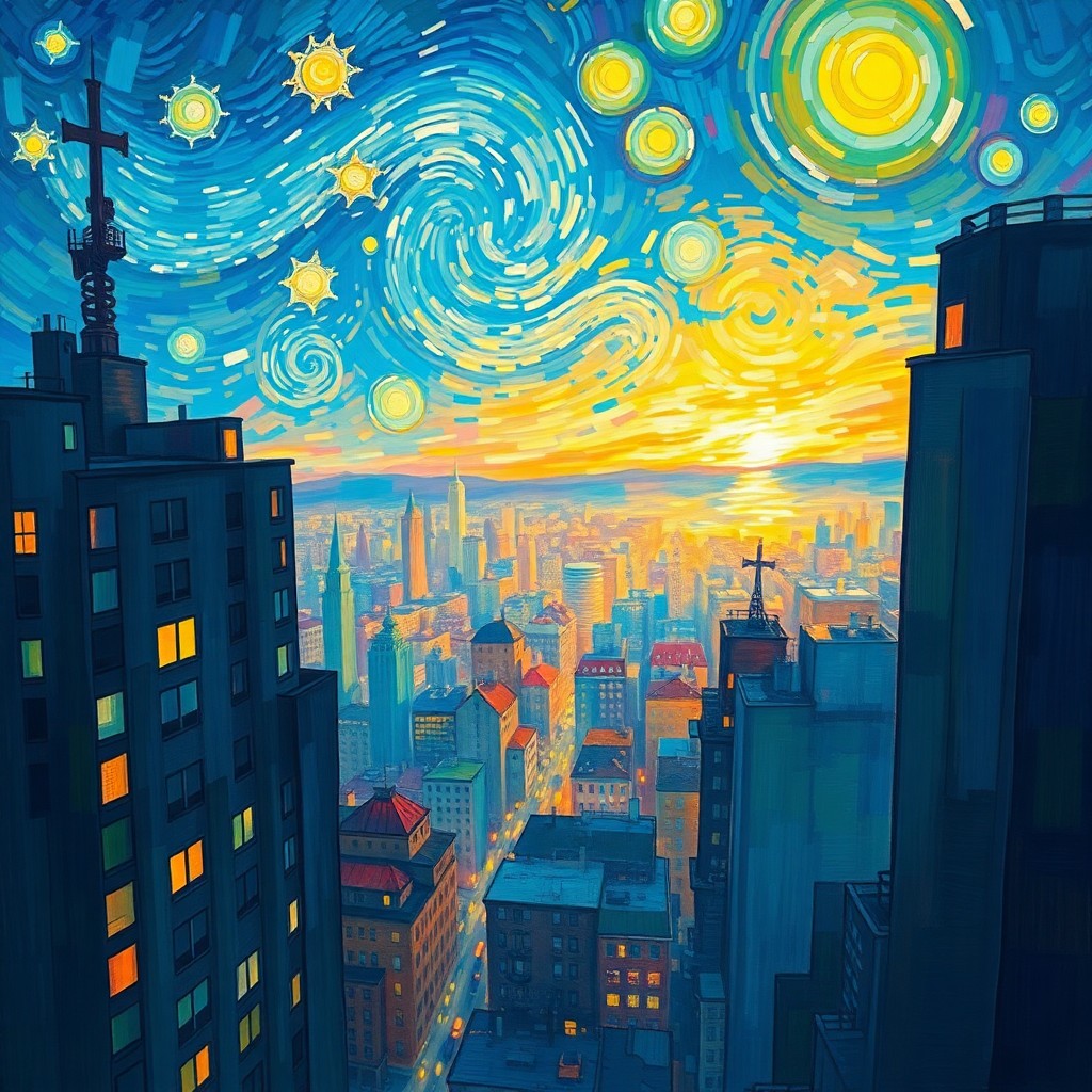 AI generated art for prompt: Visualize an enchanting cityscape from above, reminiscent of Vincent Van Gogh's Starry Night through