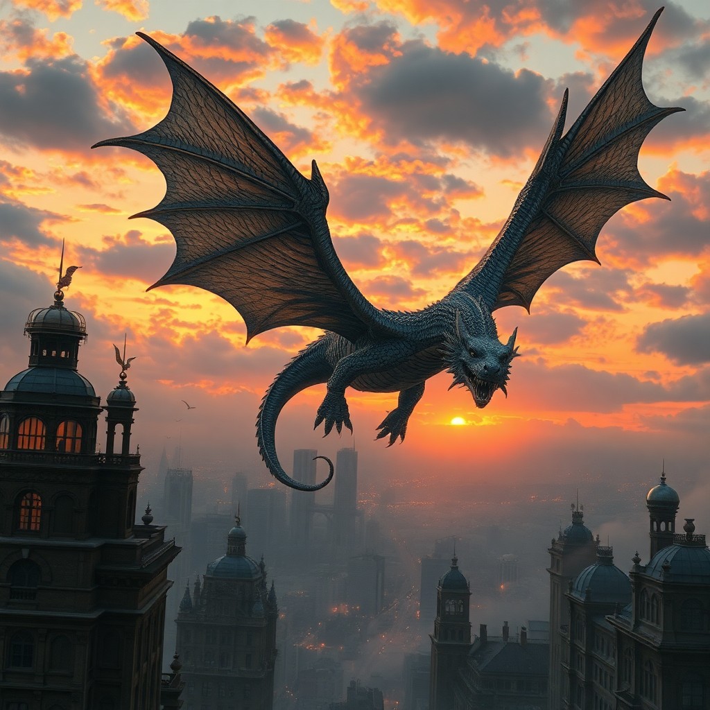 AI generated art for prompt: Craft an image reminiscent of Gustave Doré's detailed works, portraying a magnificent dragon flying 