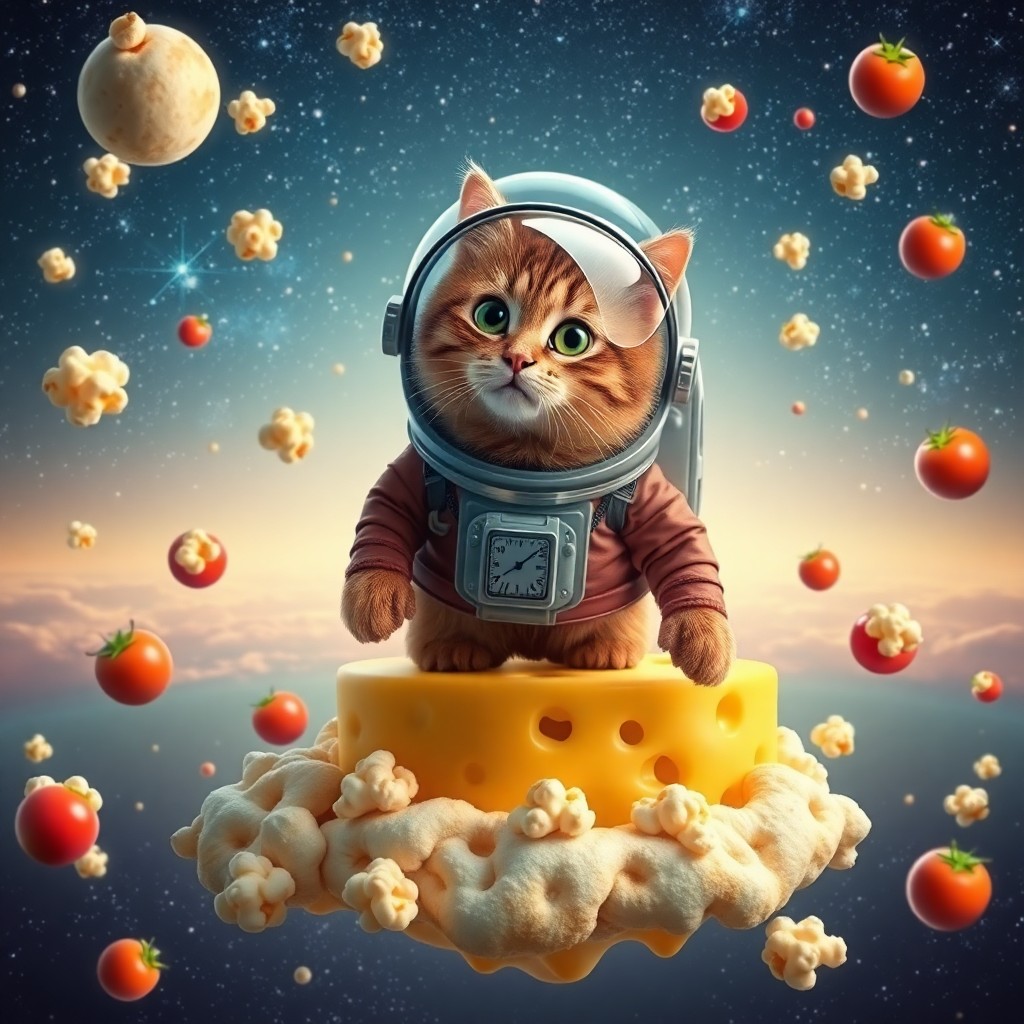 AI generated art for prompt: Craft an imaginative digital artwork featuring a whimsical feline astronaut adorned in space gear wi