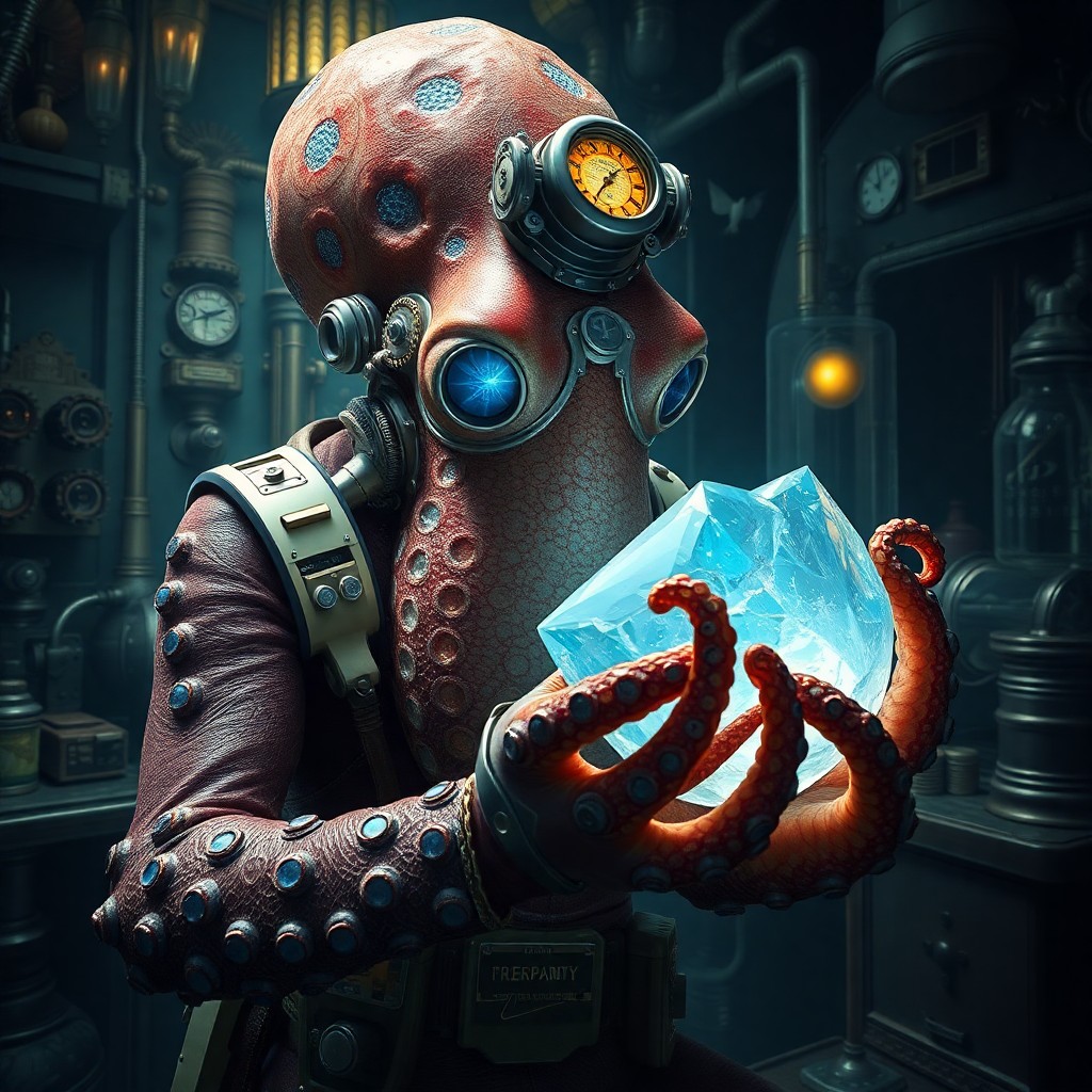 AI generated art for prompt: Envision an intricate digital artwork portraying a curious octopus scientist through its own 'bug's-