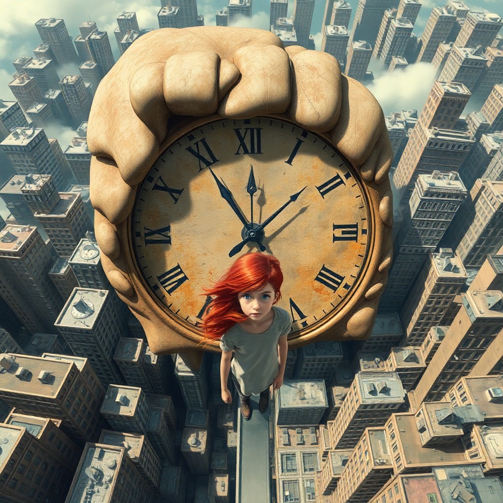 AI generated art for prompt: An aerial view reveals a surreal cityscape dominated by a colossal vintage clock, its face melting i