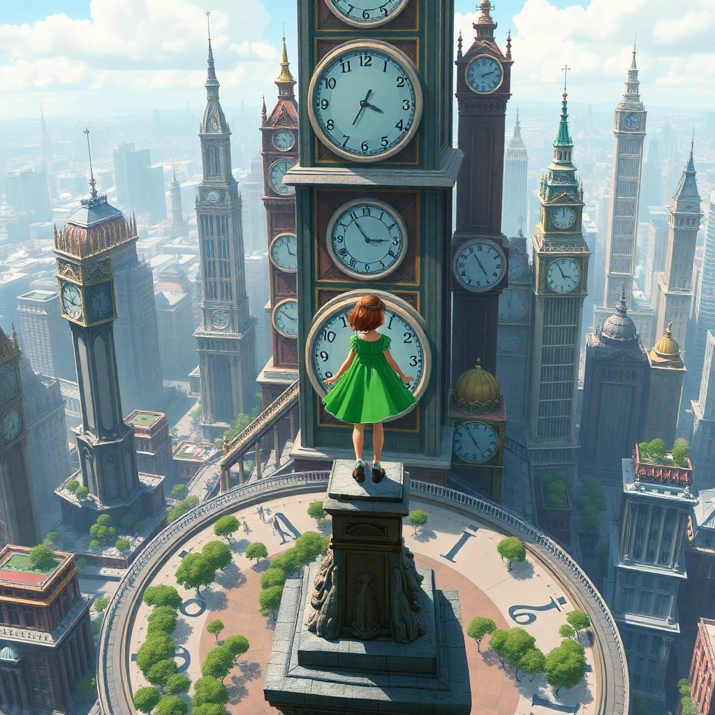 AI generated art for prompt: A digital artwork depicting a young adventurer in a vibrant green dress atop a towering clocktower i