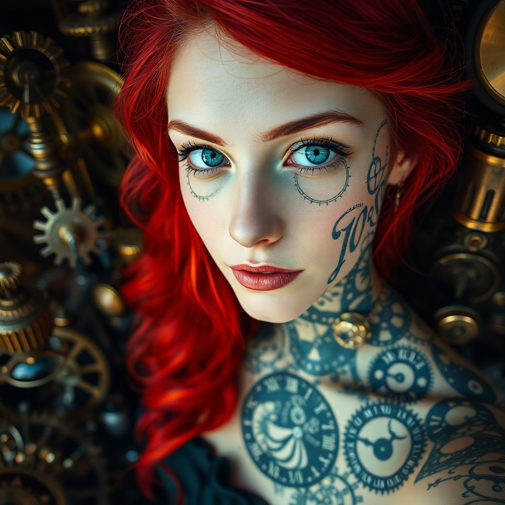 AI generated art for prompt: An enchanting portrait of a young woman with vivid red hair and intricate clockwork patterns adornin