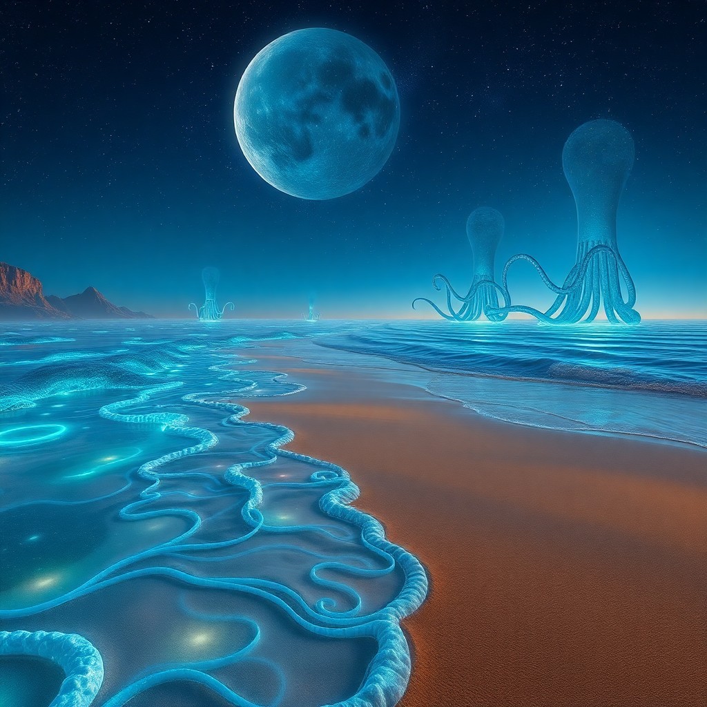 AI generated art for prompt: A mesmerizing cosmic seascape unfolds within this captivating digital artwork, reminiscent of an oth