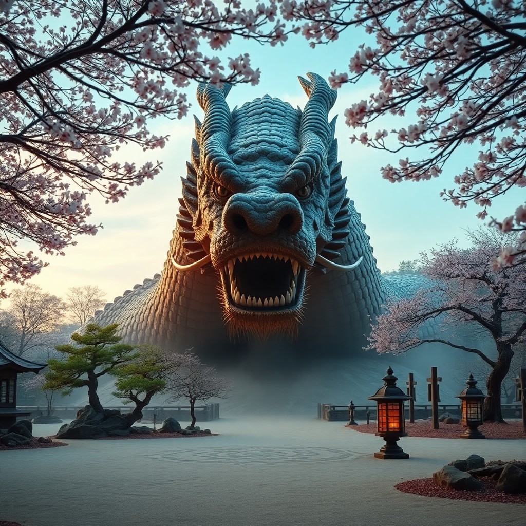 AI generated art for prompt: A serene Japanese Zen garden unfolds before us, featuring an enormous wooden dragon emerging from th