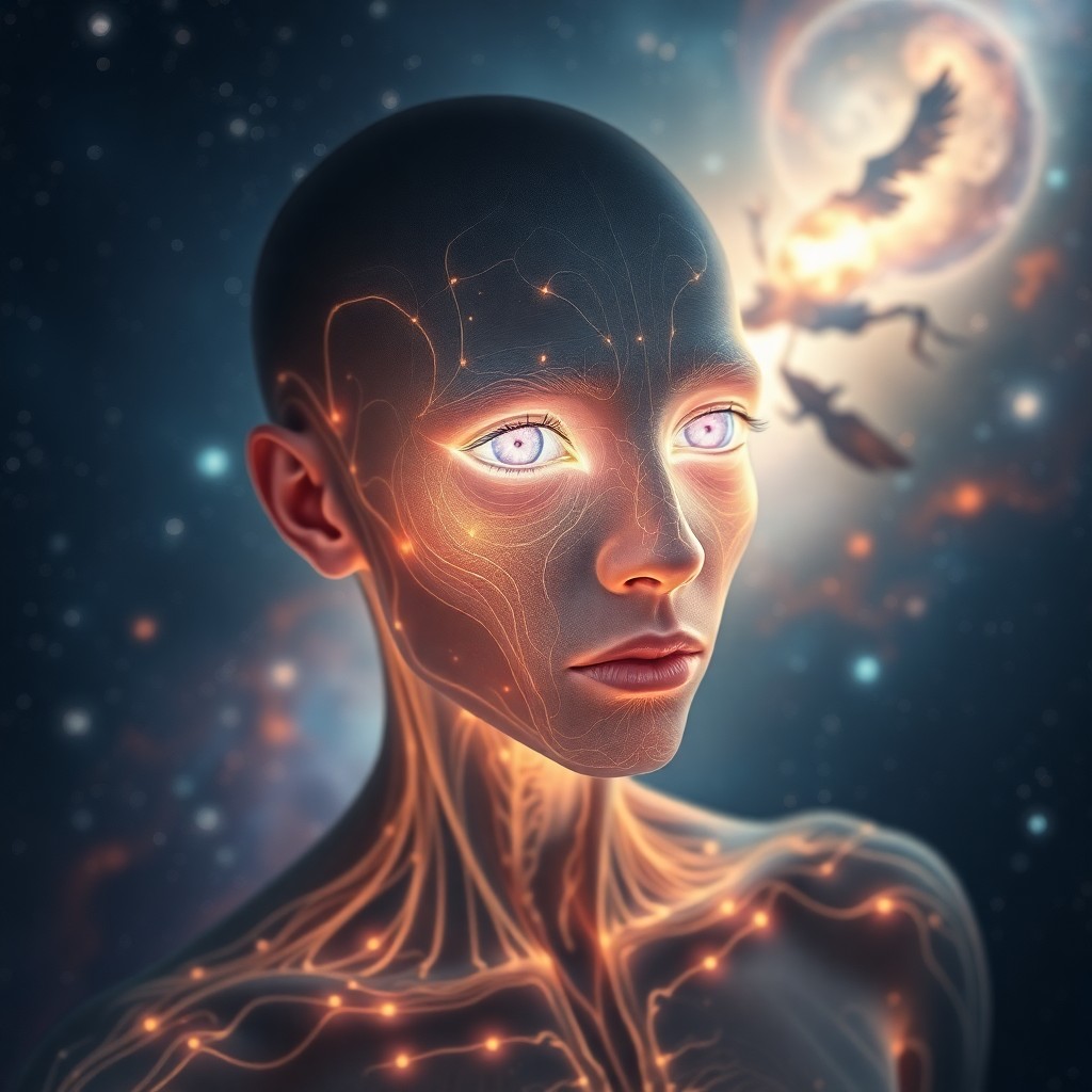 AI generated art for prompt: A celestial portrait depicting an enigmatic being with translucent skin revealing intricate, glowing