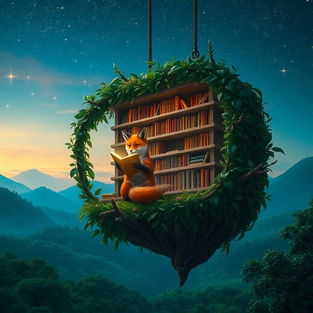 AI generated art for prompt: A surreal digital artwork depicting an otherworldly scene where a library floats above a verdant for