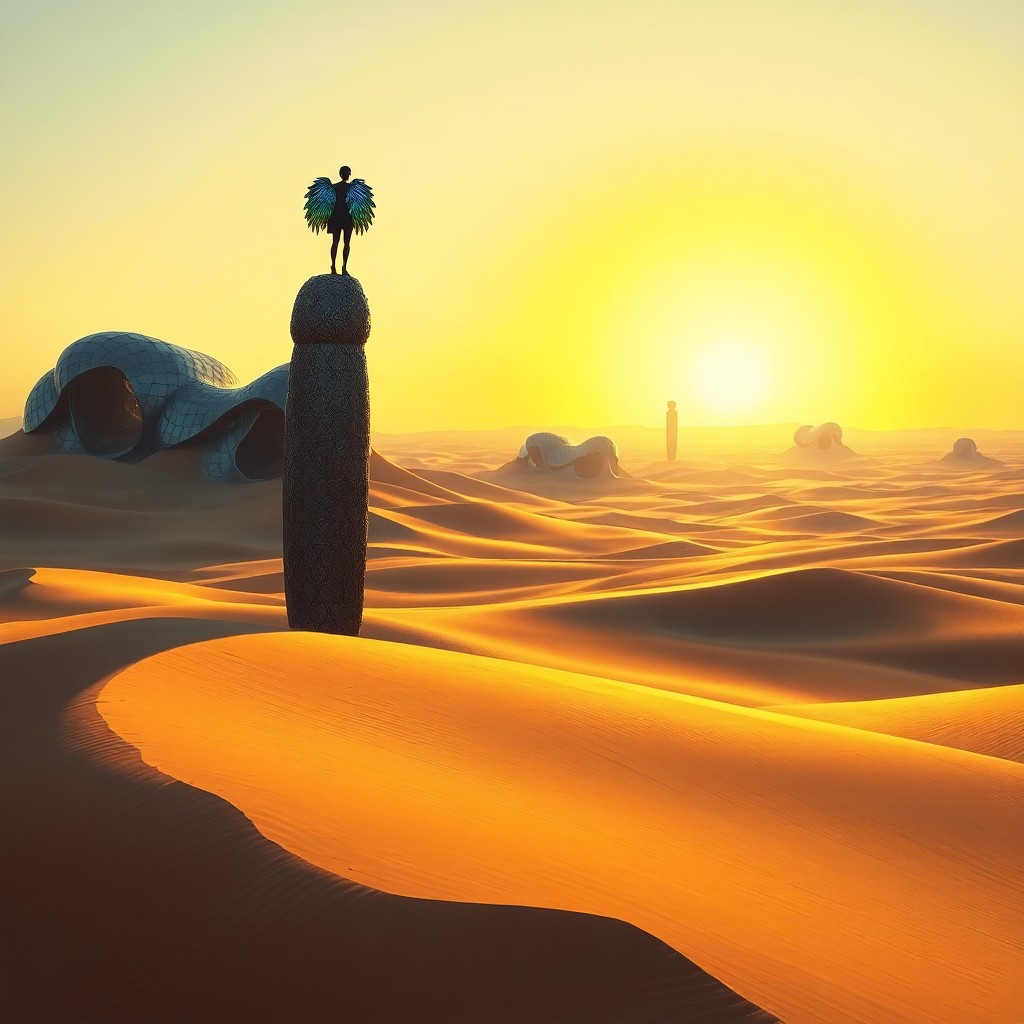 AI generated art for prompt: A surreal, dreamlike landscape emerges as the sun sets over an expansive desert, casting long shadow