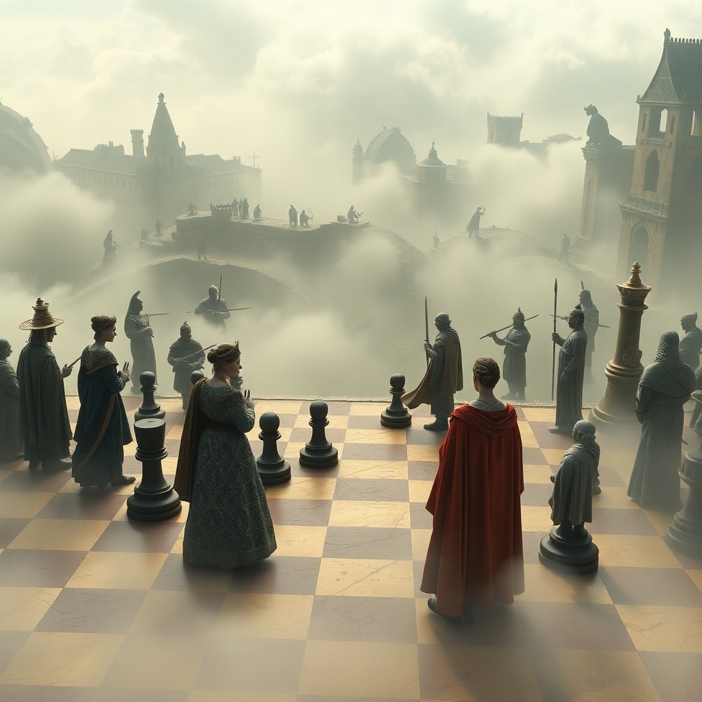 AI generated art for prompt: An enchanting digital artwork depicting a surreal chessboard landscape where historical figures from