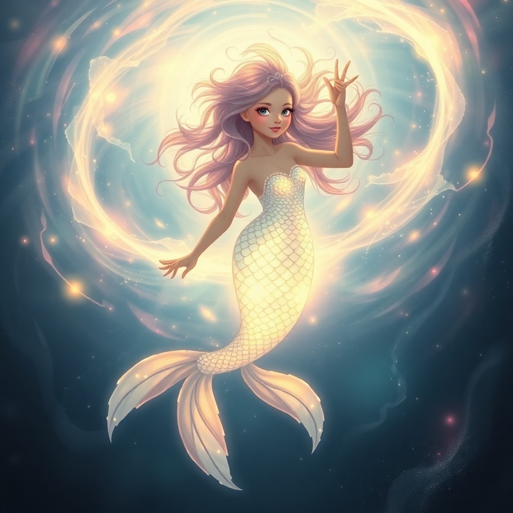 AI generated art for prompt: An enchanting portrait of an ethereal mermaid, captured in a whimsical style reminiscent of mystical