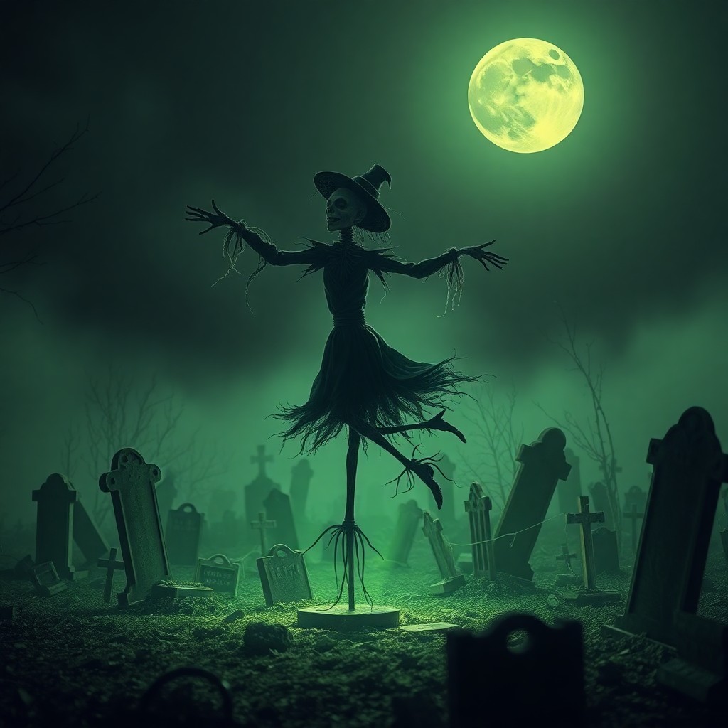 AI generated art for prompt: A hauntingly beautiful scene in the style of gothic fairy tales, featuring a solitary scarecrow danc