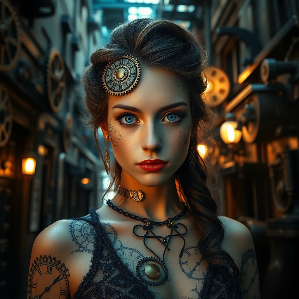 AI generated art for prompt: A portrait in steampunk style depicts an alluring woman with intricate clockwork patterns adorning h