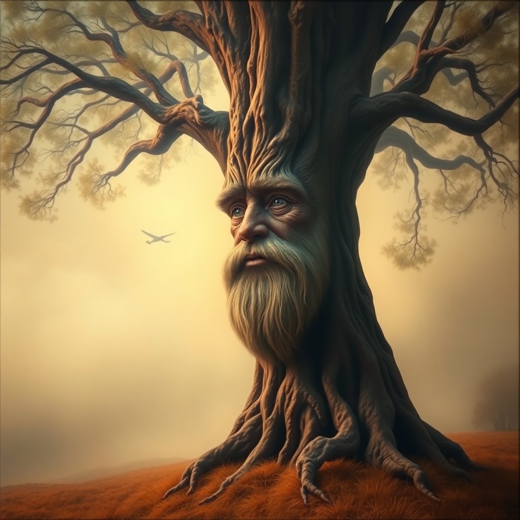 AI generated art for prompt: A surreal oil painting captures an anthropomorphic tree standing in a vast, foggy landscape from a l