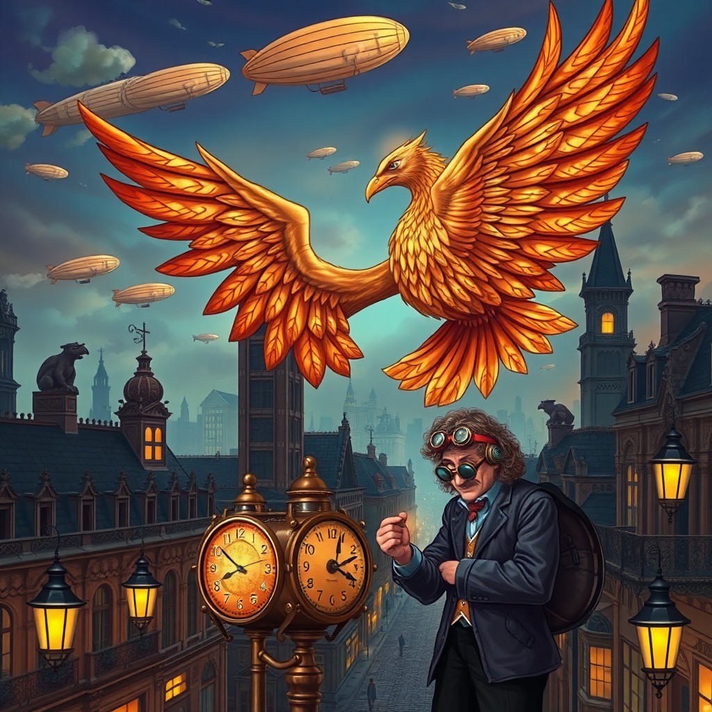 AI generated art for prompt: A whimsical steampunk-inspired illustration showcases a majestic griffin soaring through a bustling 