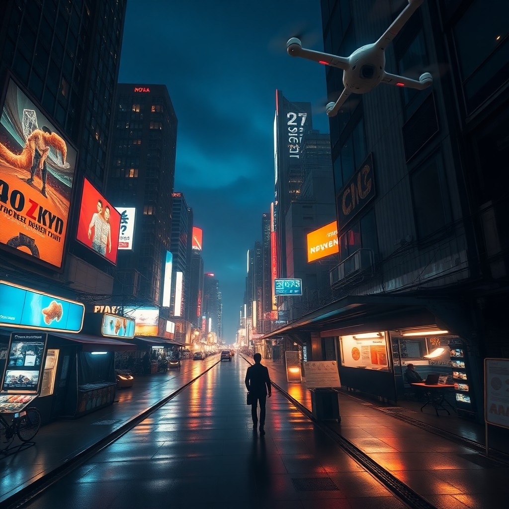 AI generated art for prompt: A futuristic cityscape bathed in the warm glow of dusk, its neon lights dancing on wet streets and c