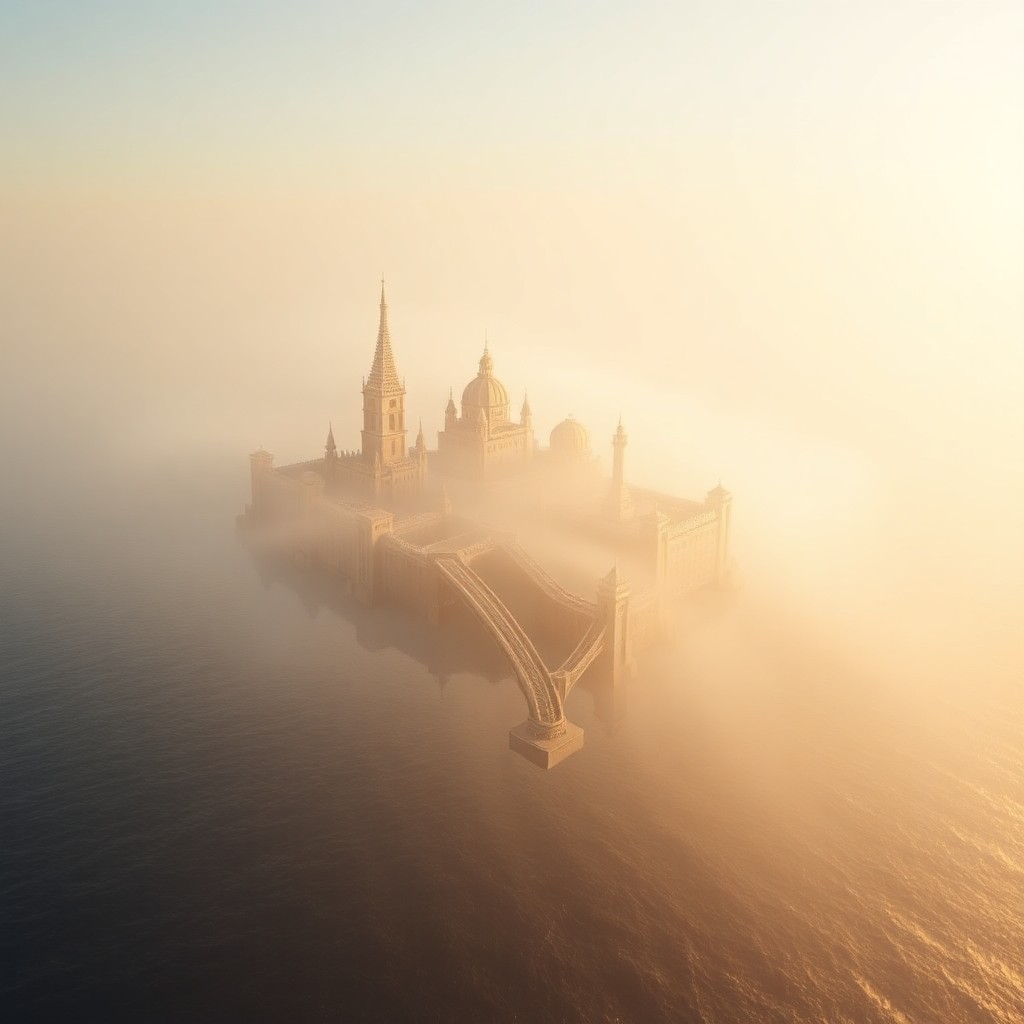 AI generated art for prompt: A serene cityscape floats dreamily above the ocean's surface at dawn, bathed in warm golden light as