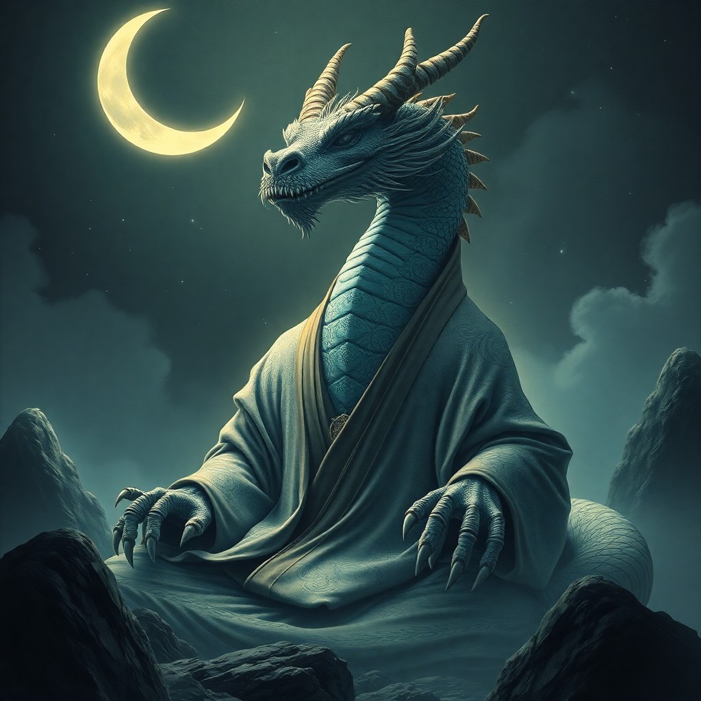 AI generated art for prompt: An alluring, hyper-realistic depiction of an ancient, wise dragon, dressed in flowing robes embellis