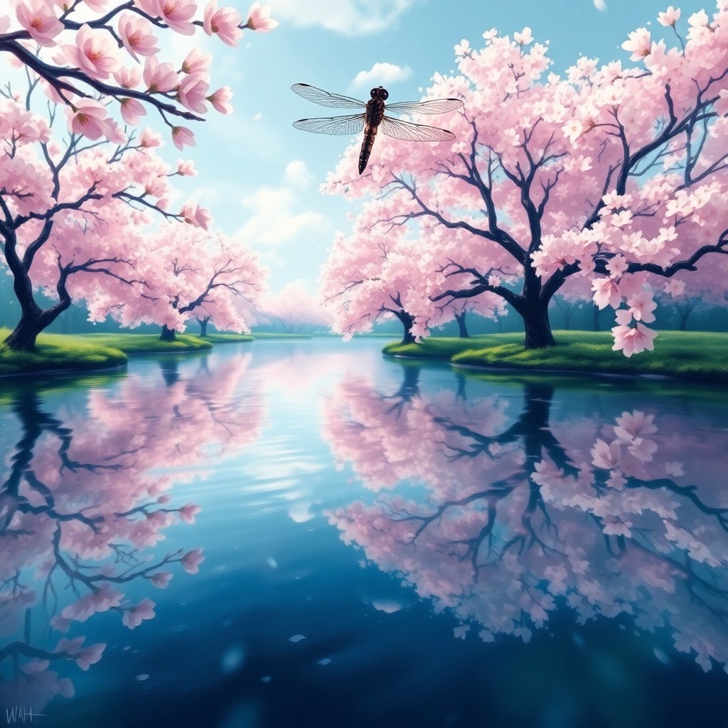 AI generated art for prompt: Envision an impressionistic landscape depicting a serene pond, reflecting majestic cherry blossom tr