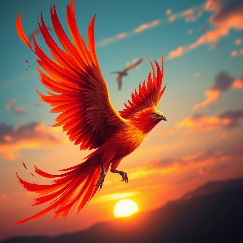 AI generated art for prompt: A majestic phoenix in full flight gracefully soars across a twilight sky, its vibrant plumage illumi