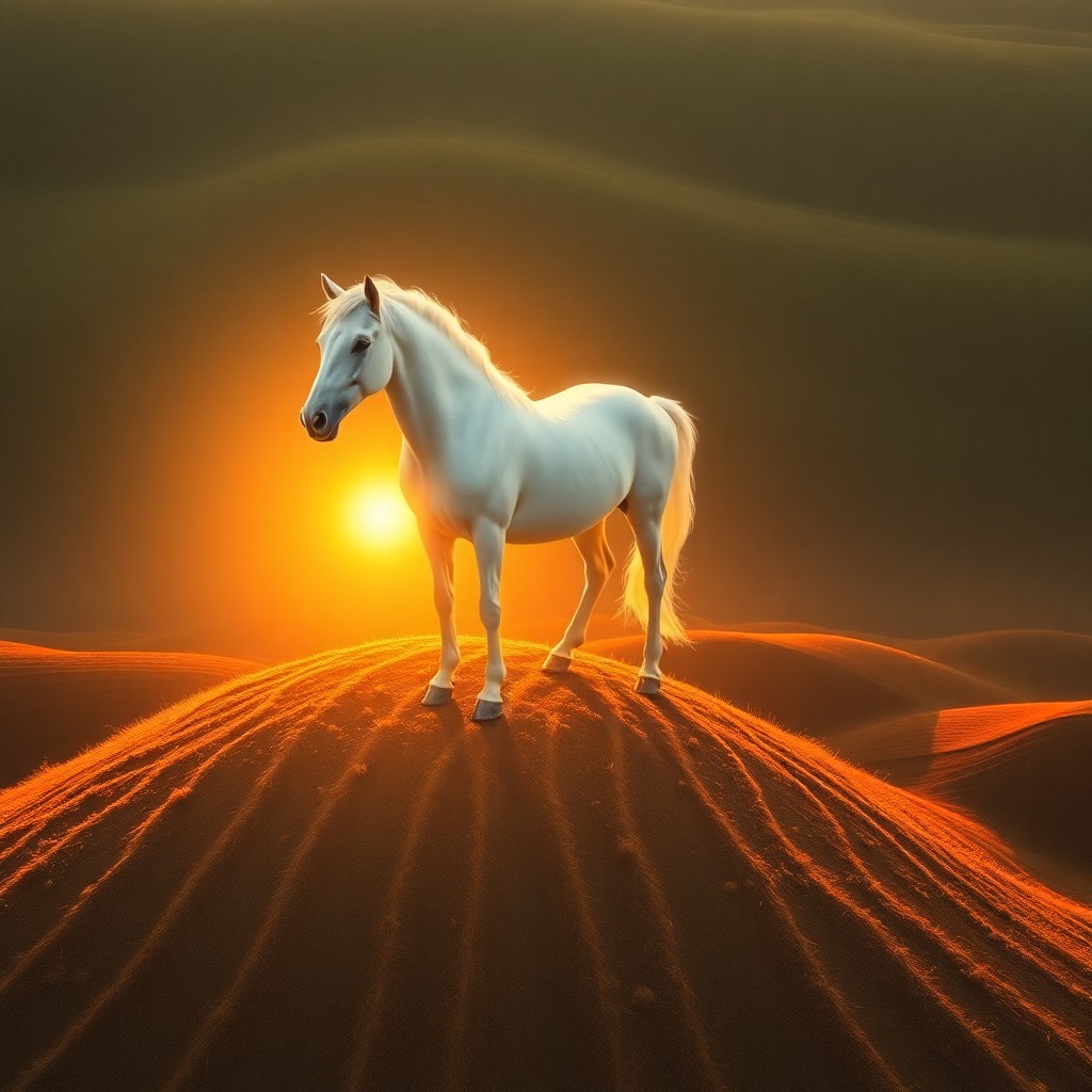 AI generated art for prompt: In a surreal dreamscape, an ethereal white steed with elongated limbs gracefully stands upon a gentl