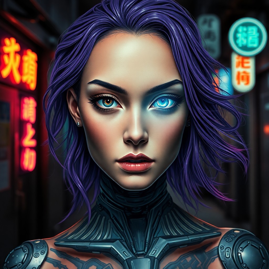 AI generated art for prompt: A portrait of an enigmatic cyborg woman, seamlessly blending human and mechanical elements in a capt