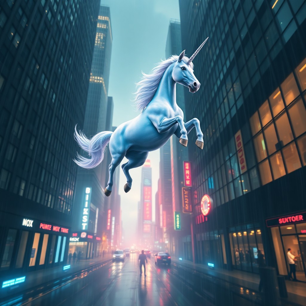 AI generated art for prompt: A dreamlike digital artwork captures a majestic unicorn gracefully leaping over an urban abyss betwe